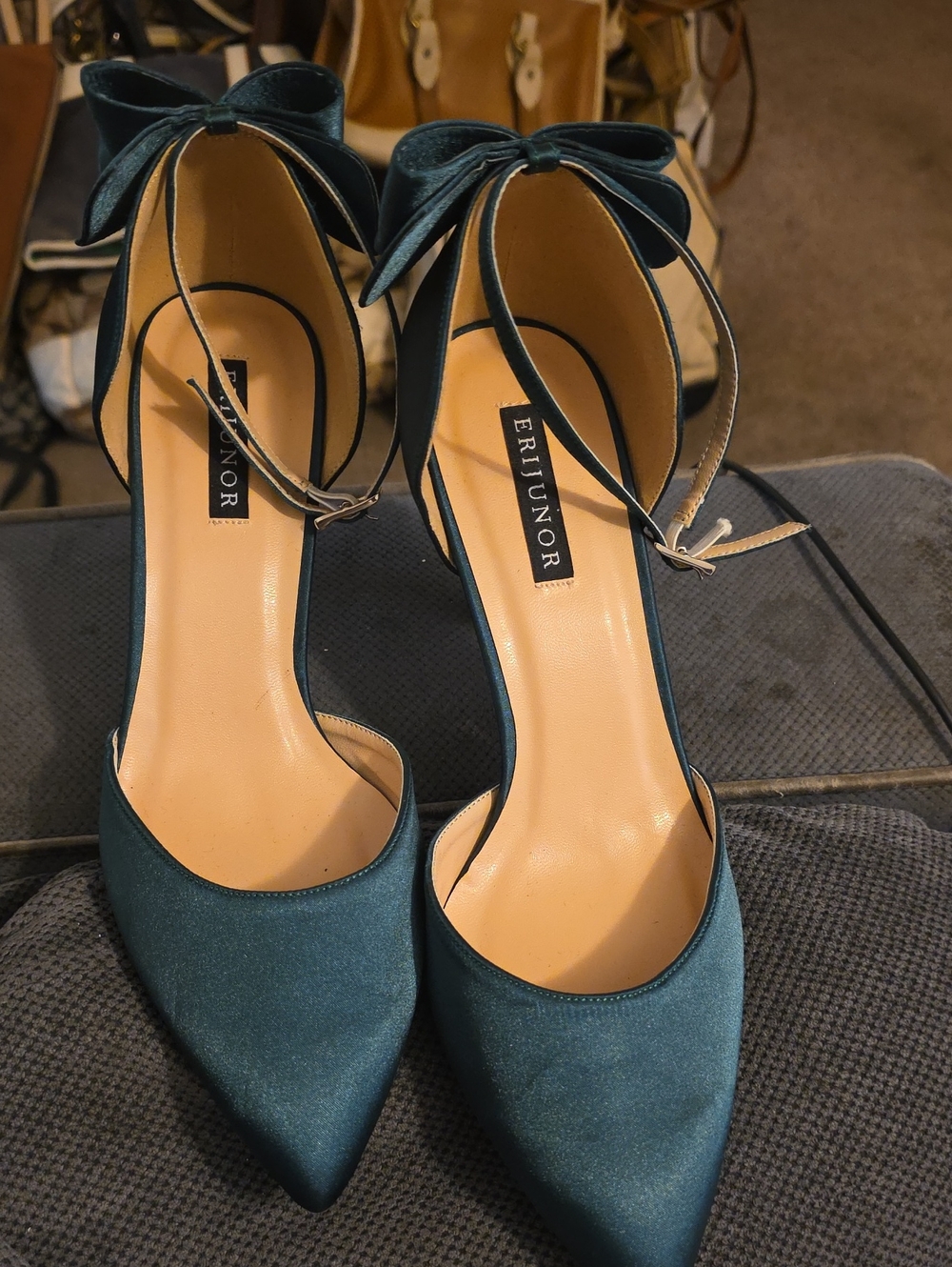 Erijunor Teal Pointed-Toe Ankle-Strap Heels with Bow